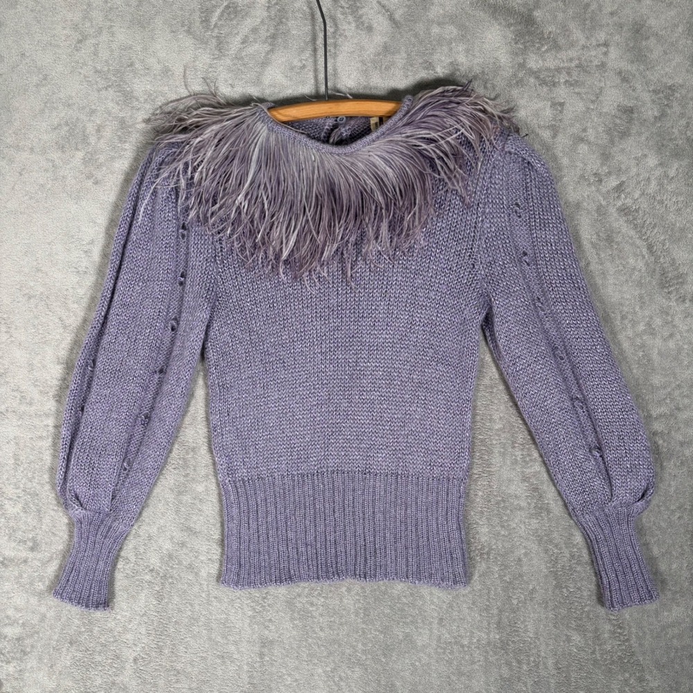 Umberto Ginocchietti Vintage Italy Mohair Wool Ostrich Feather Trim Sweater Purp